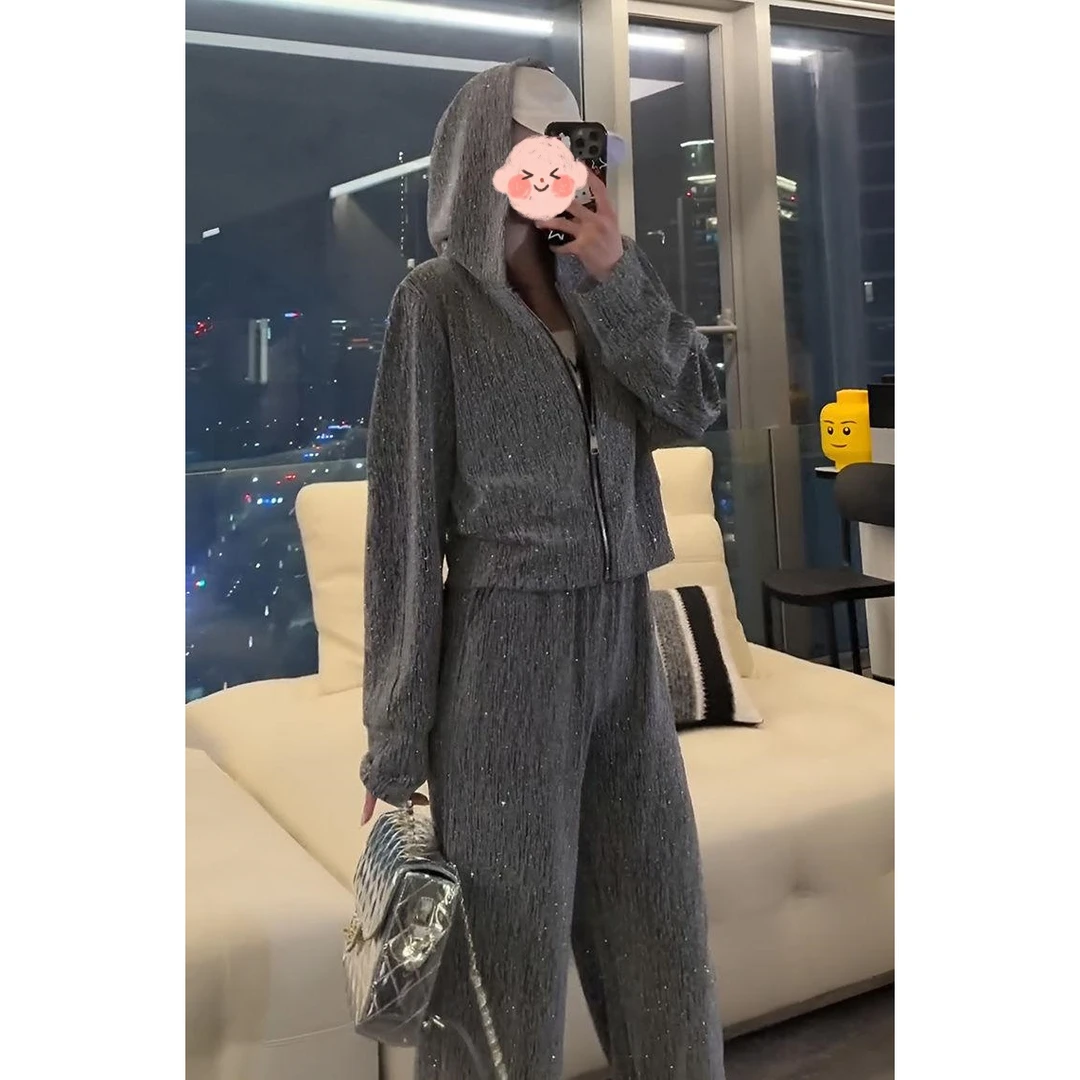 欧货亮闪闪垂感休闲套装女2024春季烫钻连帽卫衣阔腿长裤两件套森