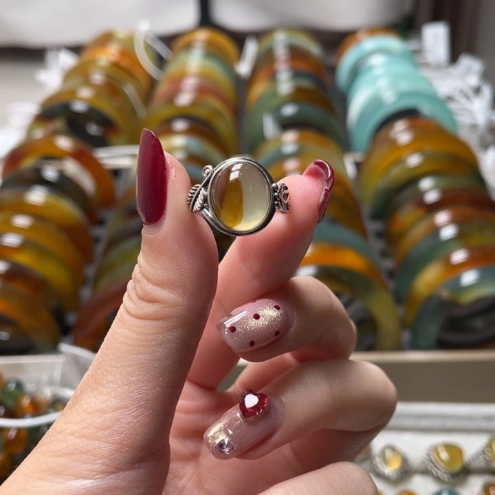 蛇纹石玉银S925镶嵌戒指欣**麻