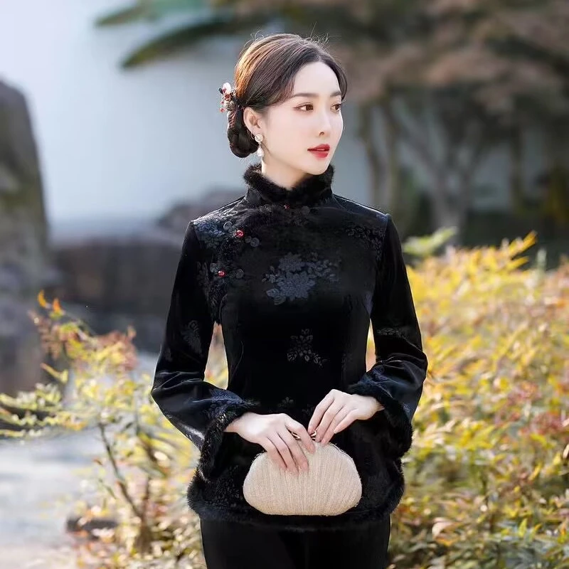 国风新中式加绒立领加绒上衣日常款冬款加后款旗袍