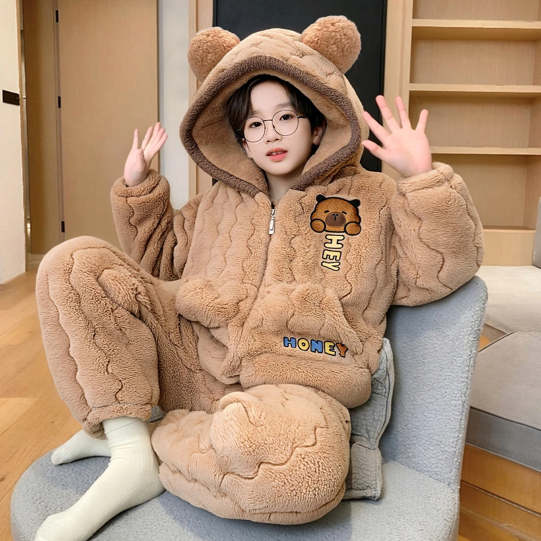 儿童冬季法兰绒三层夹棉男童睡衣加绒加厚连帽卡通洋气保暖家居服