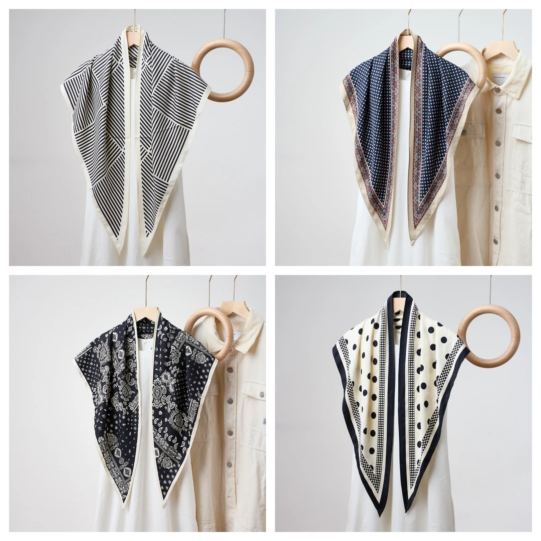 夏季氛围感穿搭头巾斜纹绸仿真丝凉感斜角巾腰果印花女三角形丝巾