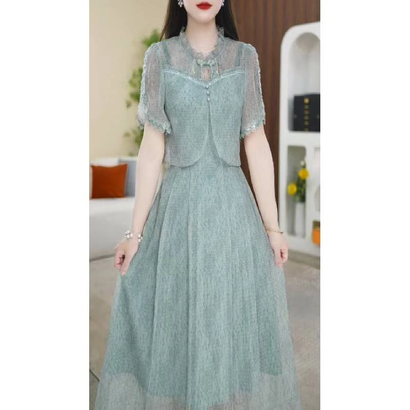 【连衣裙】夏季新款V领纯色高贵减龄显瘦收腰中长款连衣裙M-4XL