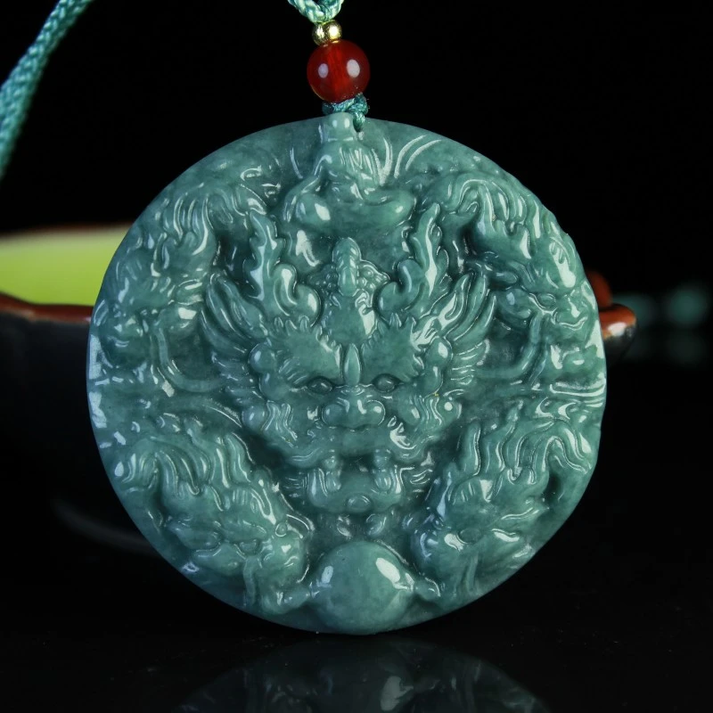 天然翡翠A双面雕刻生肖九龙玉牌吊坠项链挂件男女款玉龙牌吊坠