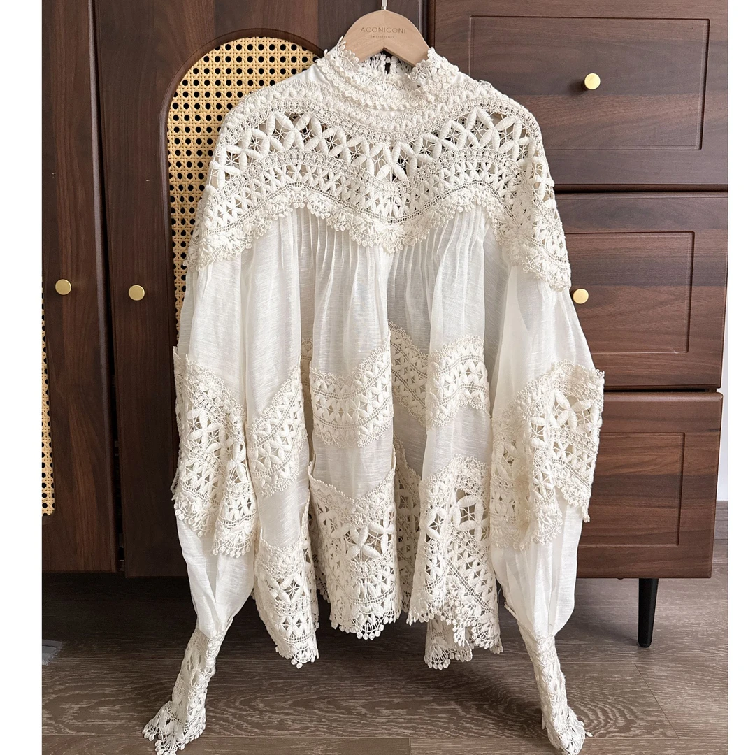 拼接刺绣灯笼袖通勤风蕾丝衬衫重工小众气质长袖