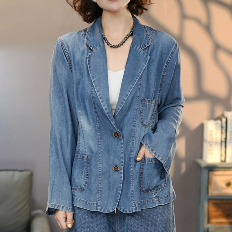 丹丹8816蓝色女士莱赛尔牛仔西装外套2025春季新款百搭上衣西服