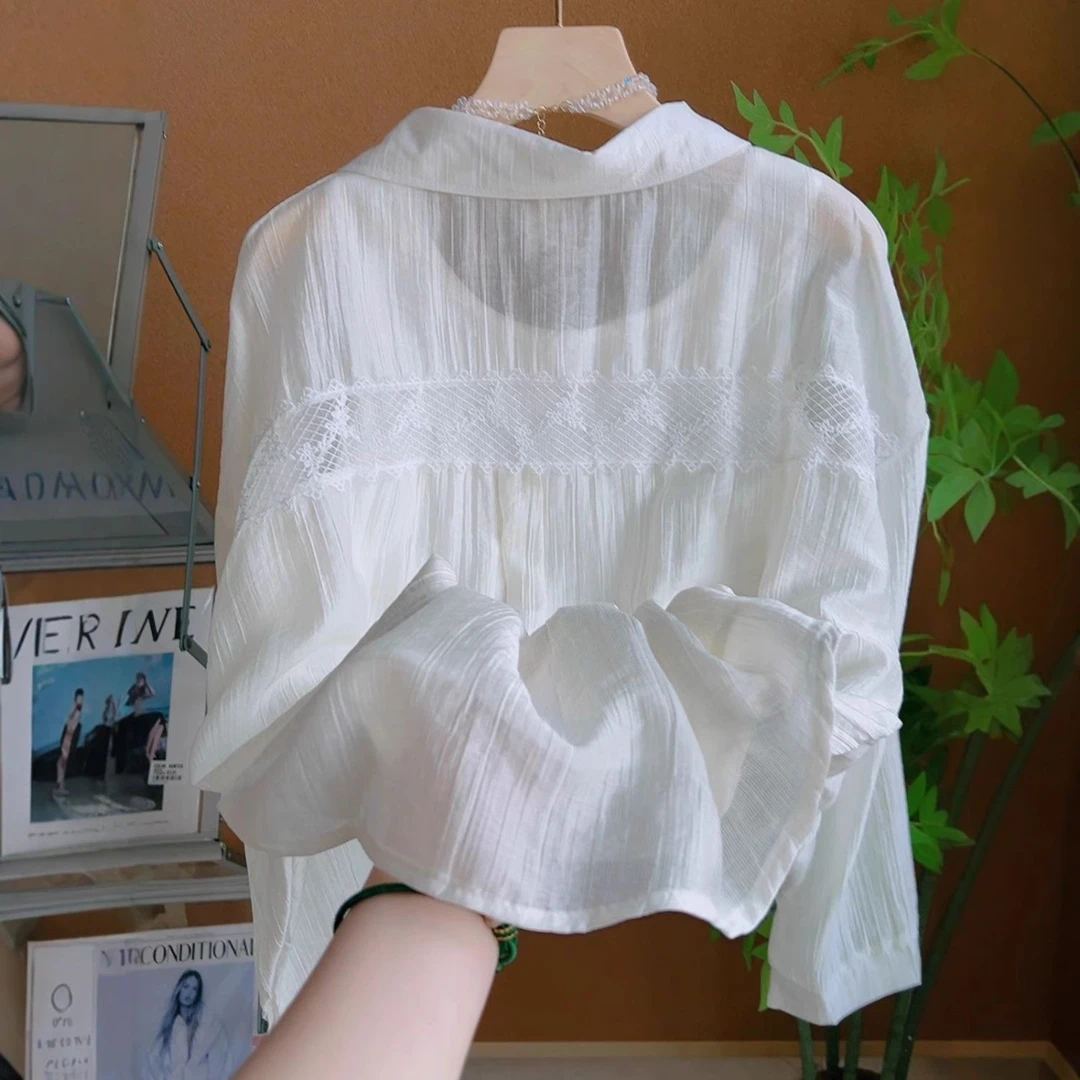 蓝色Polo领薄款防晒衬衫女上衣夏季新款蕾丝拼接轻薄透气开衫衬衣