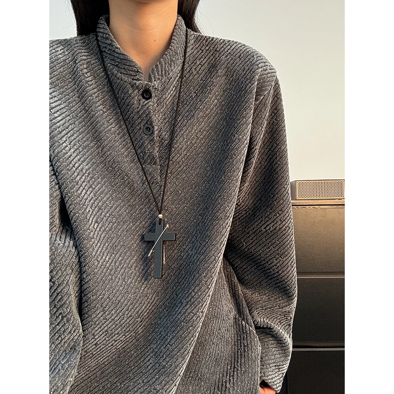 亨利领重磅加绒卫衣男秋冬季雪尼尔长袖T恤内搭打底衫斑马纹外套