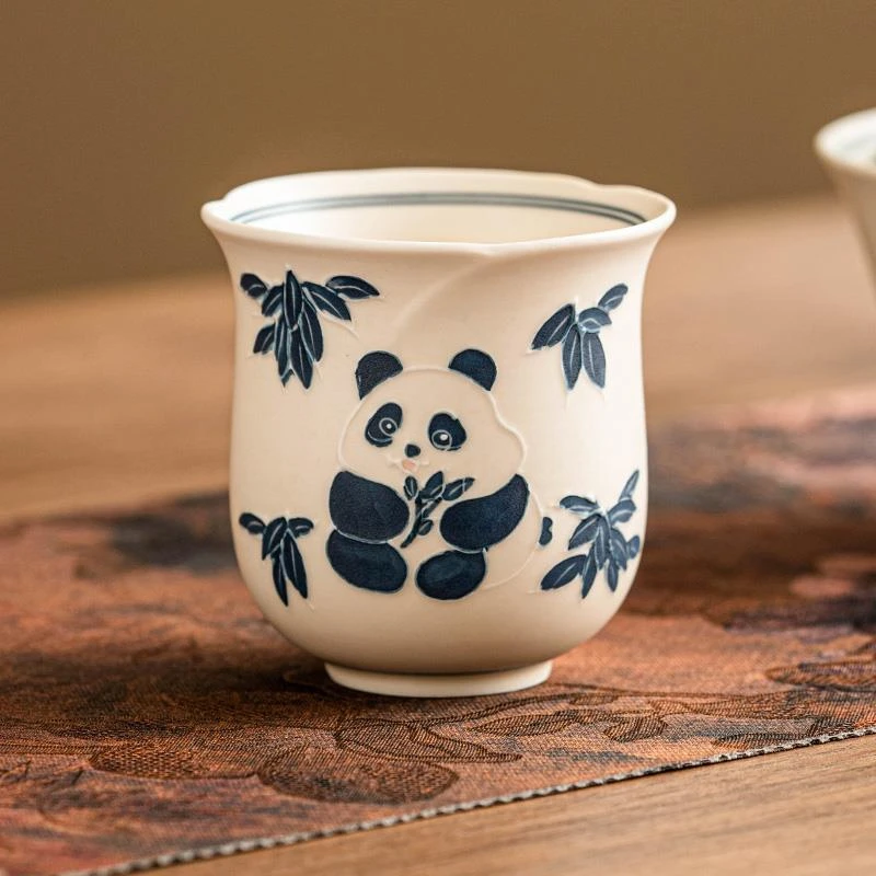 高档手绘熊猫花苞杯陶瓷主人杯高颜值女士茶杯大容量功夫品茗杯子