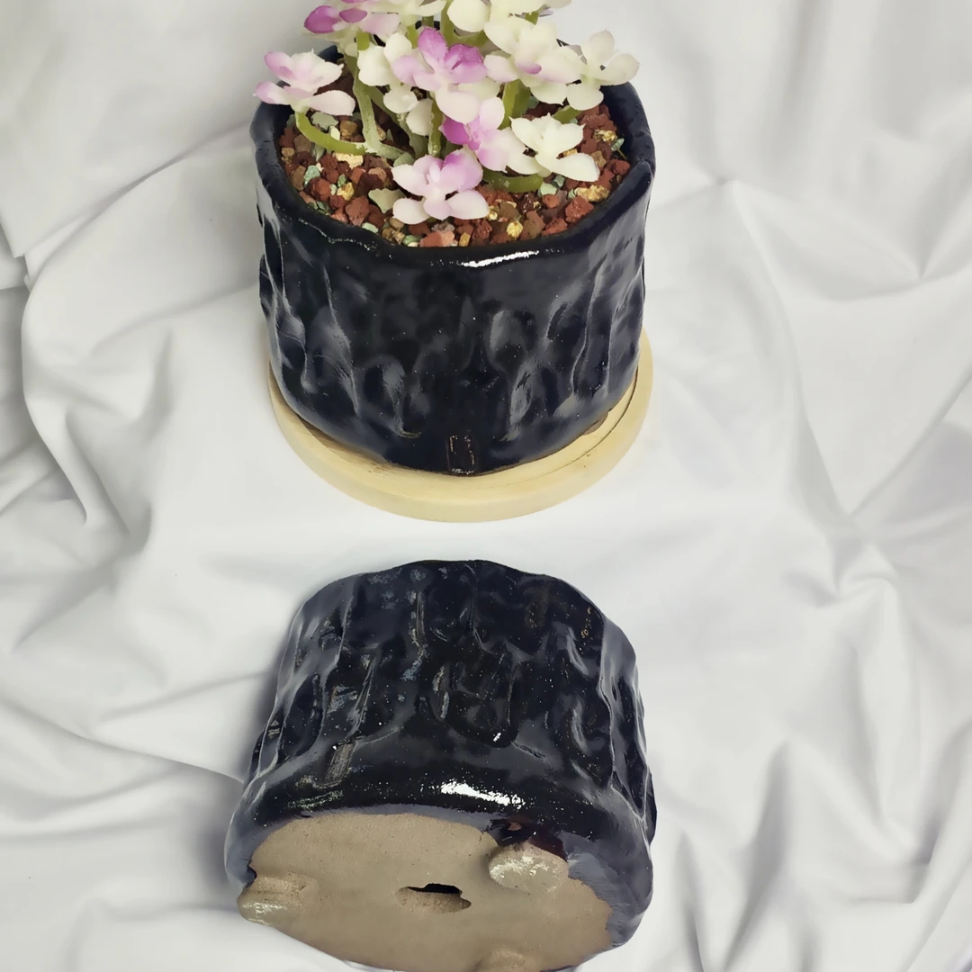 唐潮手工创意透气黑色粗陶圆形多肉花盆（黑色墩墩款）