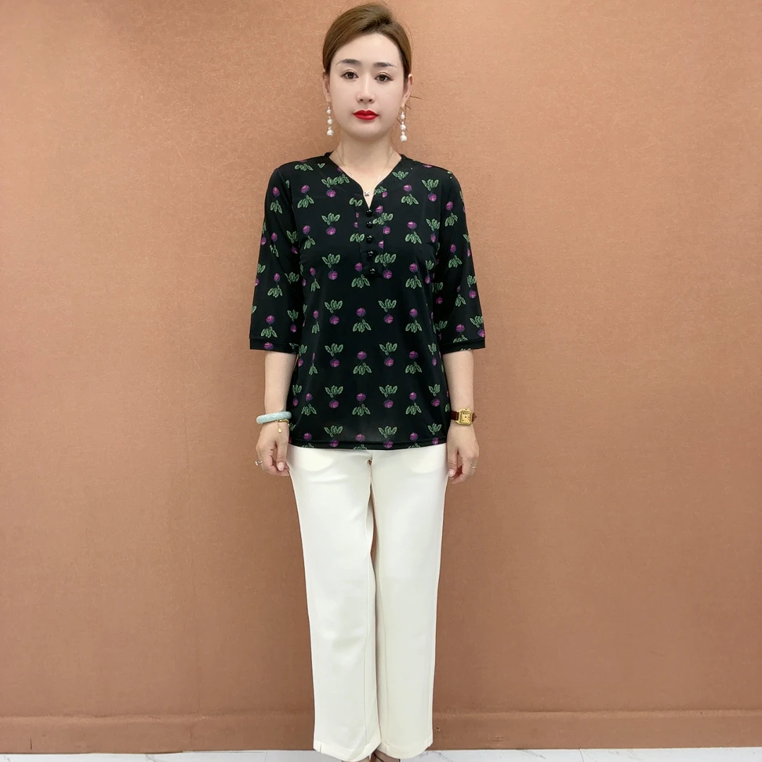 25年秋季新款中老年妈妈装印花减龄显瘦中袖舒适宽松洋气上衣打底