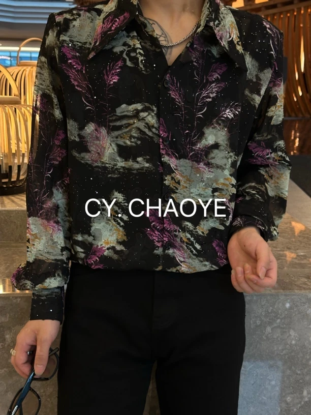 CY【CHAOYE】男士夏季超薄透气修身花色长袖休闲时尚百搭衬衫