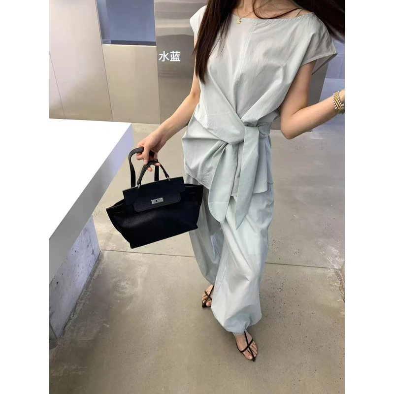 韩版高级感绑带小衫+灯笼裤套装6890