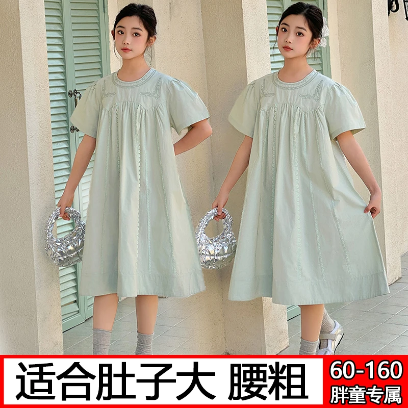 胖女童连衣裙儿童夏装加肥加大码宽松洋气公主裙短袖裙子过膝长裙