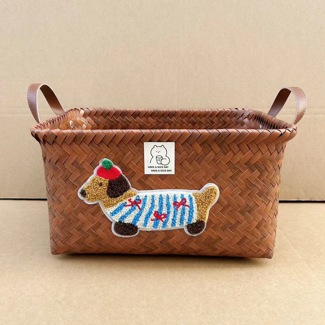 复古手工编织收纳筐腊肠小狗家用防水卧室衣柜衣服整理卡通收纳篮