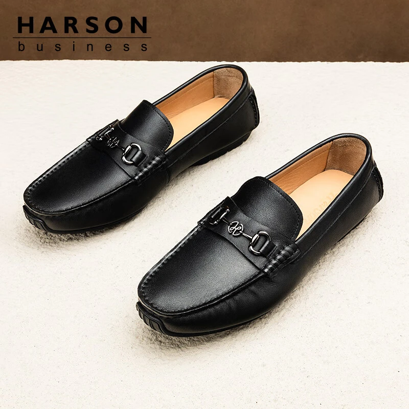 哈森Harson男鞋商务休闲皮鞋新款牛皮舒适一脚蹬软底豆豆鞋乐福鞋
