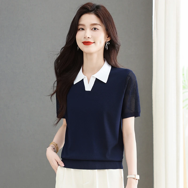 哥弟阿玛施正桑蚕丝短袖T恤夏季翻领蕾丝宽松洋气POLO衫薄款上衣