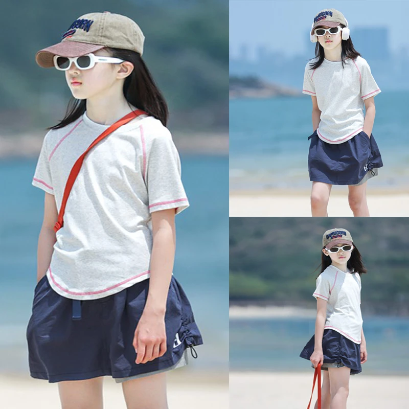 女童夏季运动套装2025儿童新款韩版tT恤透气假两件短裤休闲两件套