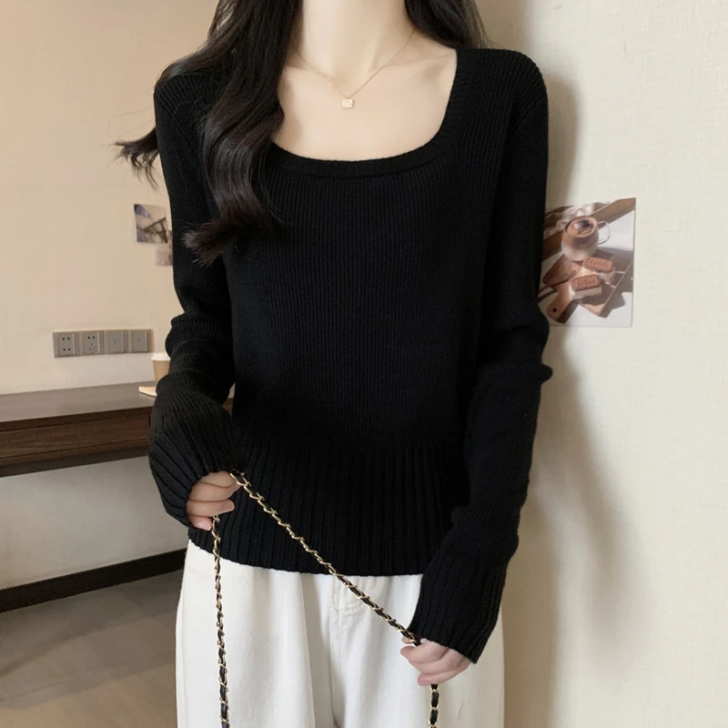 大码女装简约百搭方领长袖针织衫2025秋冬新款胖MM内搭打底衫上衣