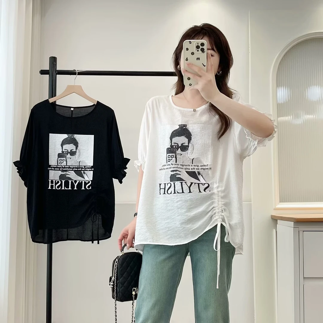 2025夏季新款大码气质百搭宽松显瘦设计感抽绳灯笼袖印花短袖T恤