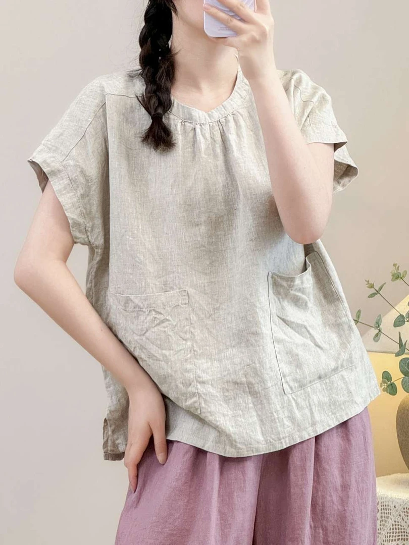 【梵·否】3177新款衬衫上衣女小杉洋气无扣显瘦宽松短袖