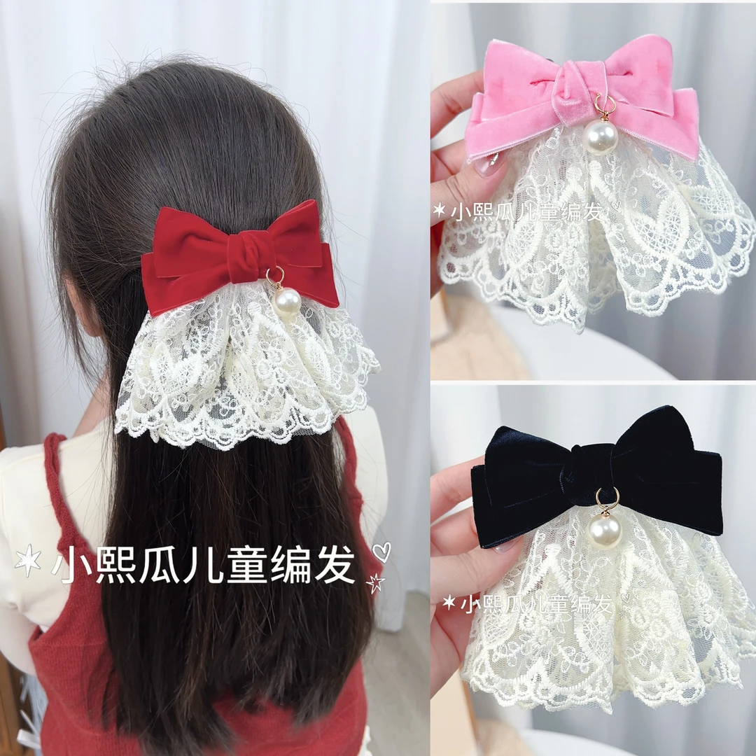 儿童丝绒蕾丝红色蝴蝶结发夹高级感后脑勺甜美喜庆公主发卡发饰