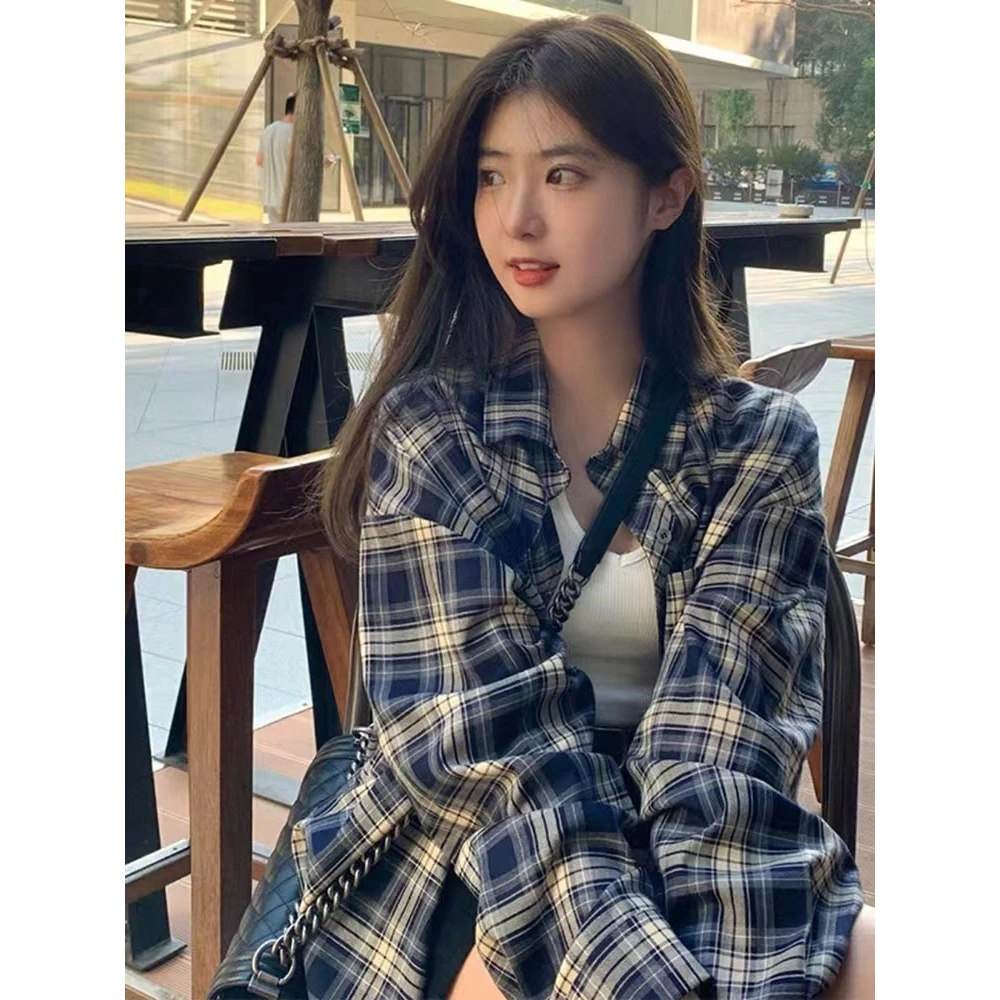港味宽松显瘦慵懒风薄款衬衫春款设计感格子衬衫复古小众外套