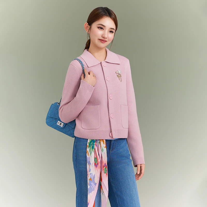 GIRDEAR/哥弟新款冬季百搭显瘦保暖针织温柔系翻领针织开衫148059