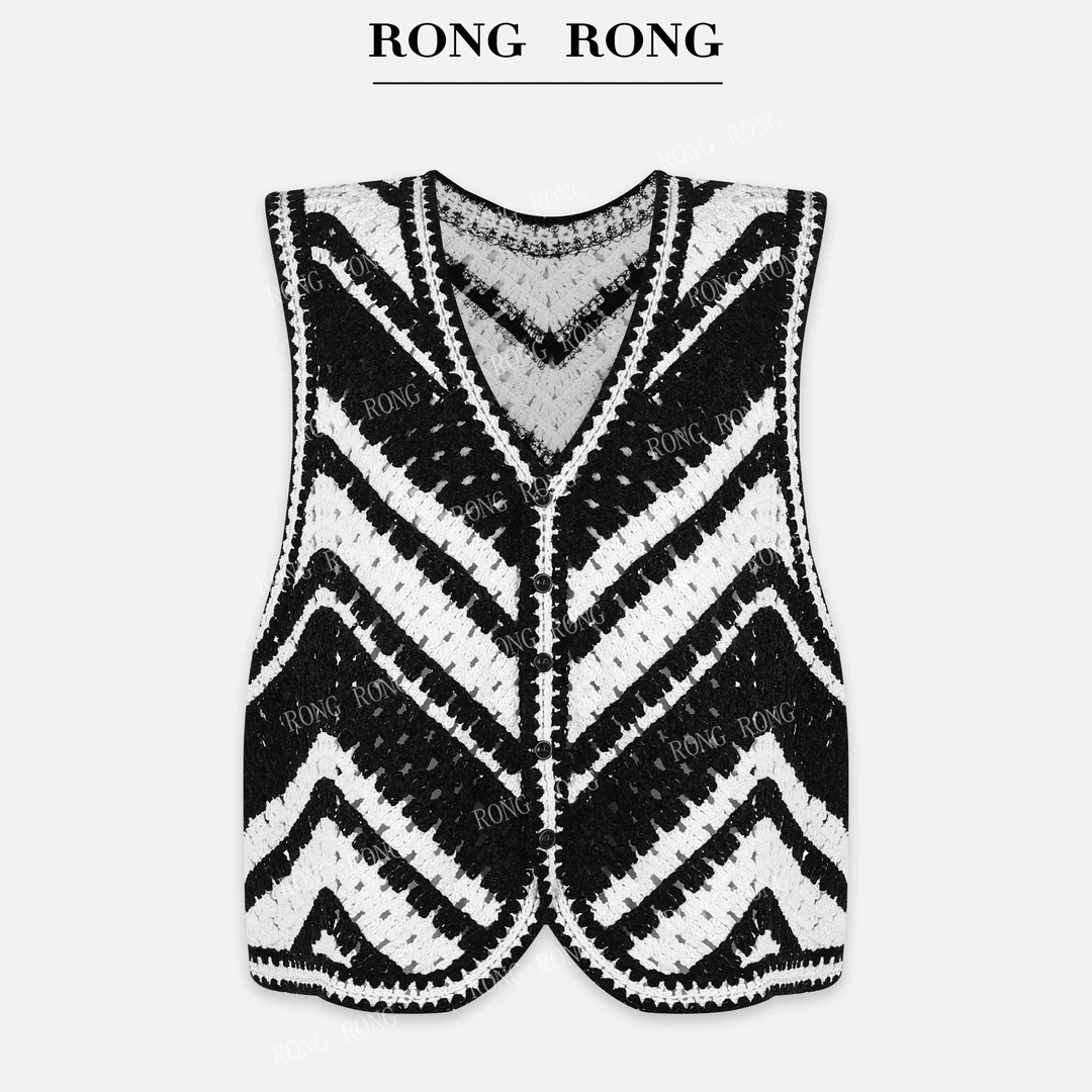 溶溶【灵动腔调】RONGRONG V领撞色条纹手工钩花马夹ZGC6B1261