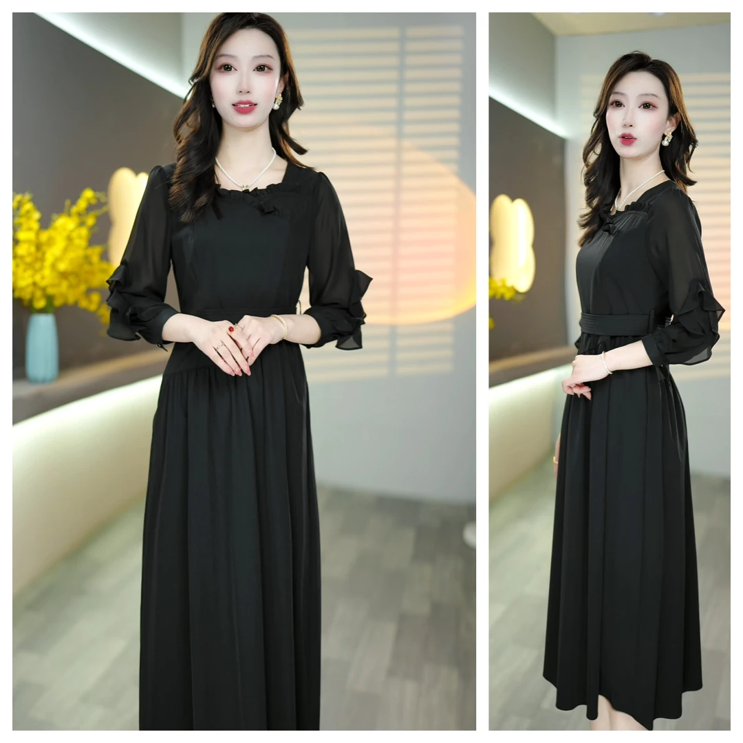 [连衣裙]2025年新款时尚装连衣裙女黑色印花纯色拼接时尚裙子
