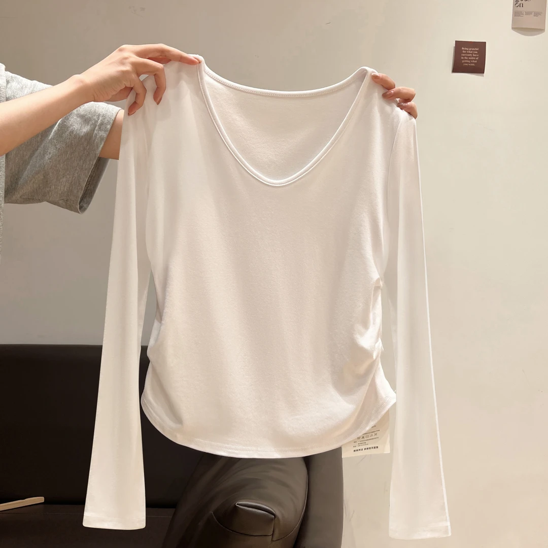 白色长袖V领纯欲小个子T恤女春秋褶皱收腰修身加厚打底衫内搭上衣