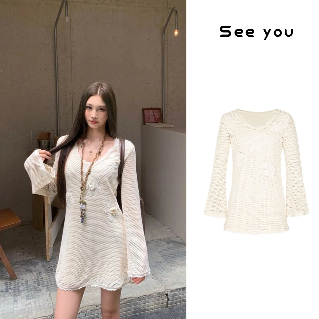 法式U领镂空花边针织钩针花朵宽松时尚长袖裙子B1249