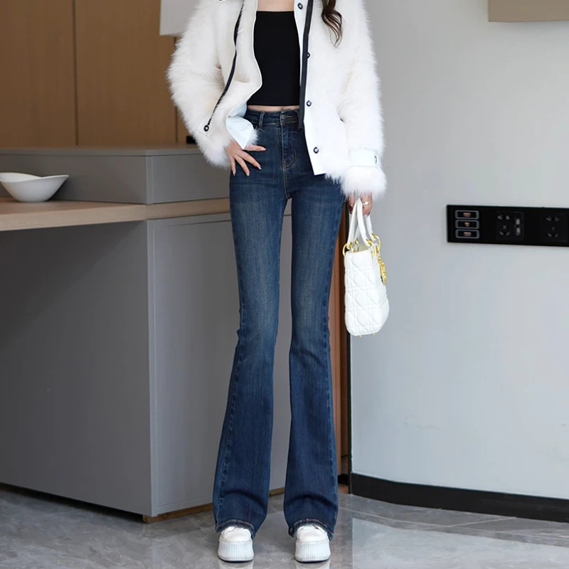 深蓝高腰微喇牛仔裤女2025年早春新款小个子修身弹力百搭喇叭裤子