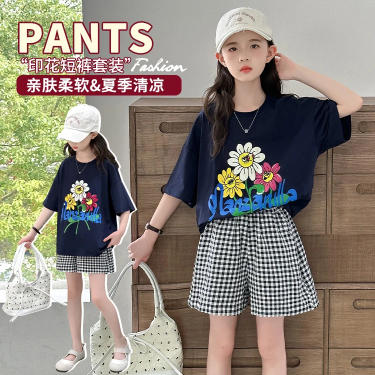女童夏季套装2025新款中大童6-12岁15岁短袖T恤格子短裤两件套潮