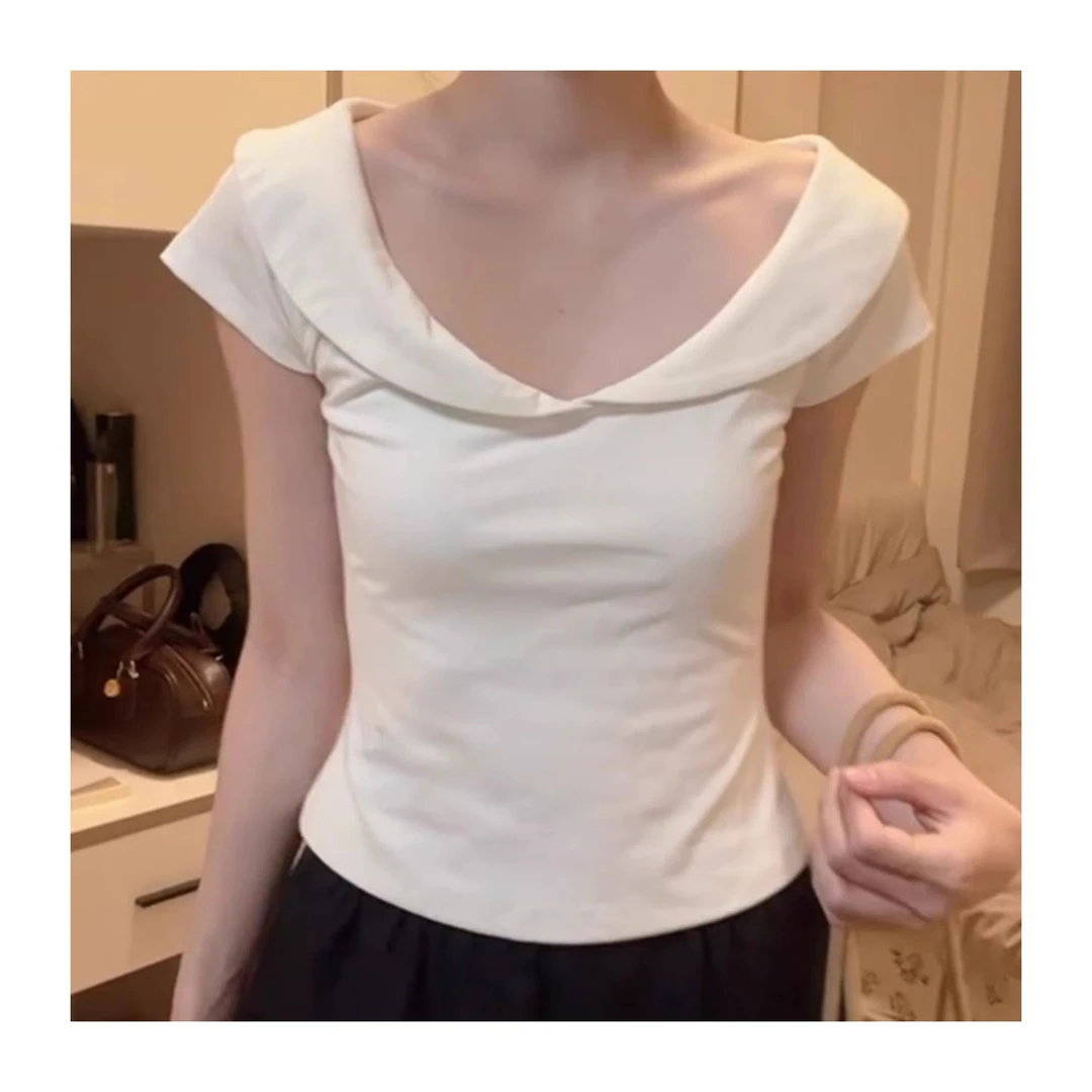 韩系娃娃领正肩短袖t恤女夏季设计感修身显瘦短款白色甜辣妹上衣