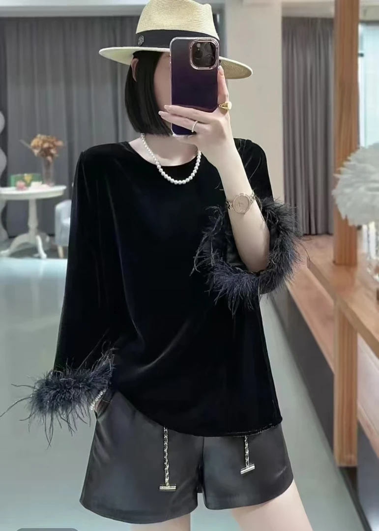 丝绒毛毛圆领显瘦真丝气质上衣百搭长袖时尚