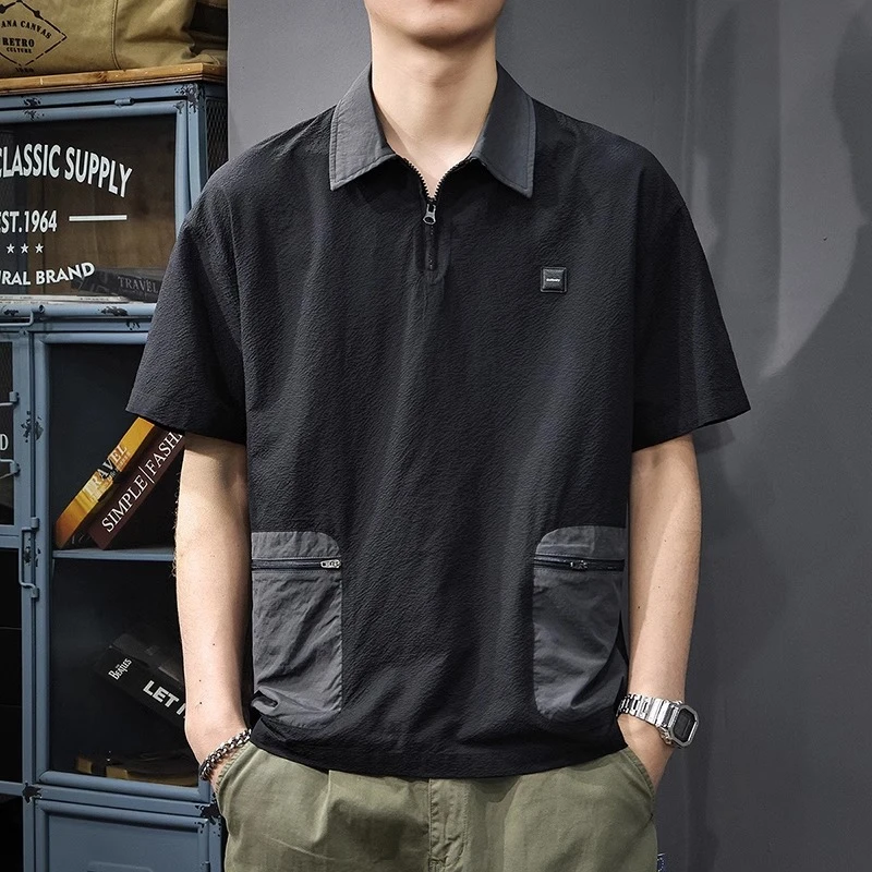 Cebrodz夏季2025新款潮牌撞色速干短袖男宽松重磅半袖翻领polo衫