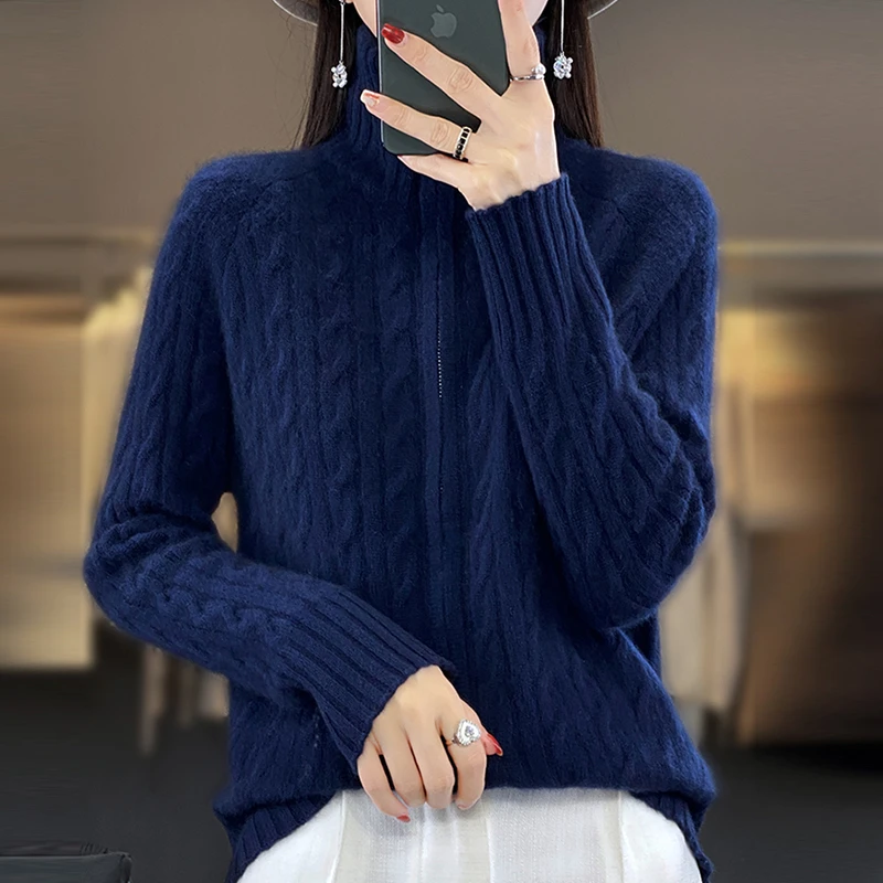 100纯羊毛衫女士秋冬新款加厚拉链针织开衫外套立领羊绒外穿毛衣