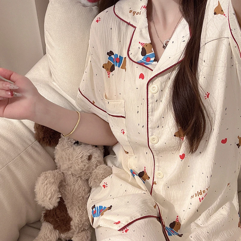 夏季新款泡泡棉睡衣少女短袖长裤甜美卫衣腊肠狗可爱家居服两件套