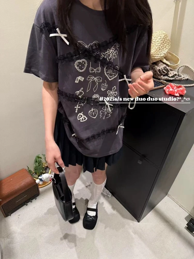 （超级好看 ）圆领字母卡通图案立体荷叶边宽松短袖T恤上衣