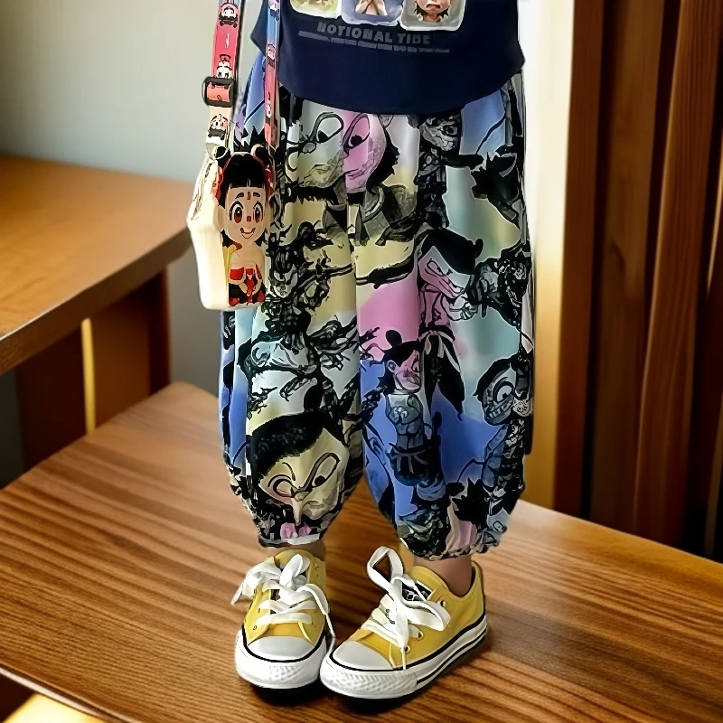 自留哪吒夏季薄款冰丝防蚊裤九分裤新款运动满印弹力防蚊裤男女童