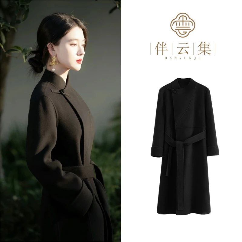 《致简》羊毛黑色新中式国女冬季新款气质女装高级感中长款毛呢外套