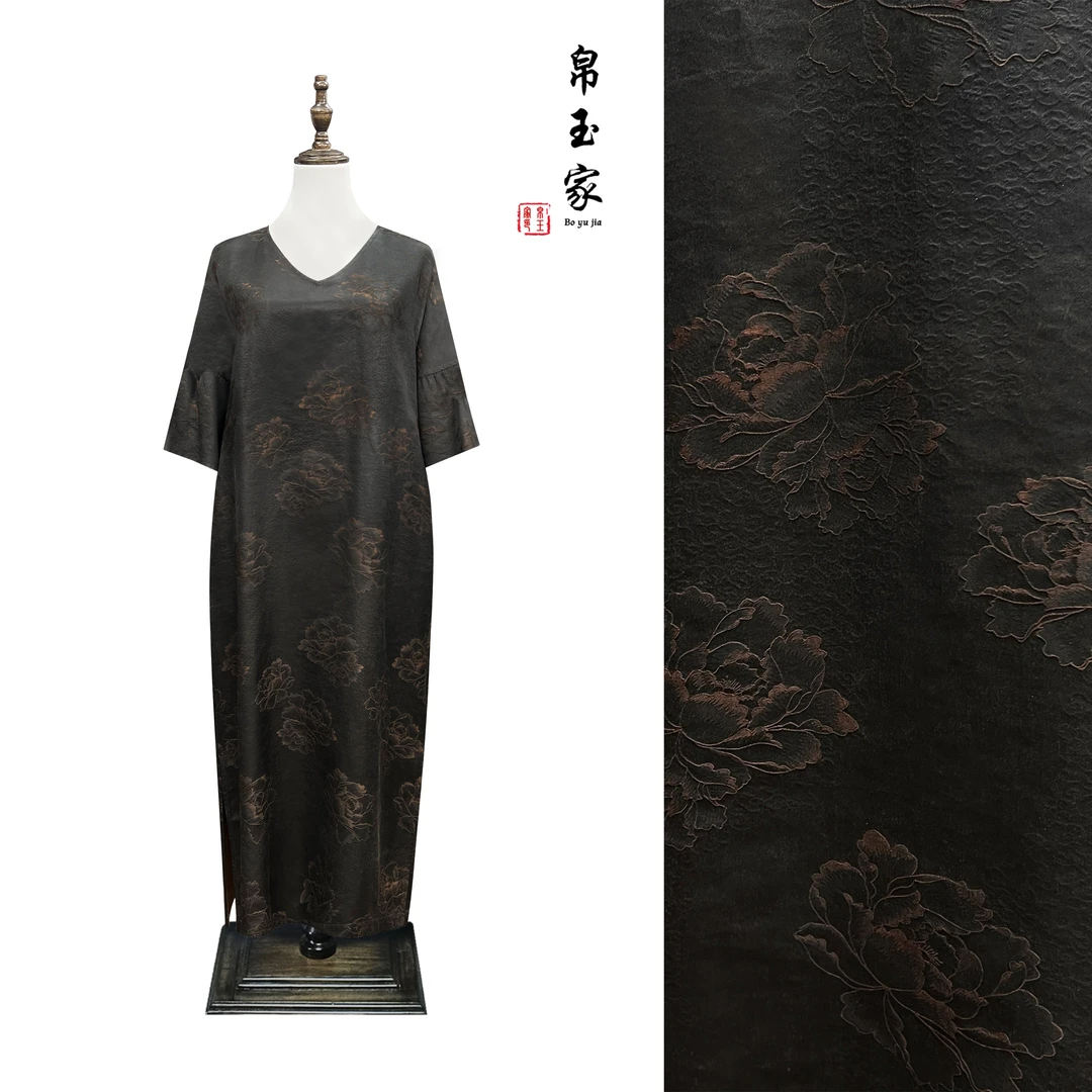 【帛玉家】0127新中式重缎皮子提花双面双穿牡丹花连衣裙