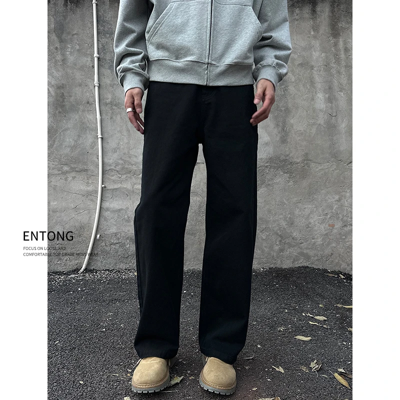Entong美式高街vibe黑色牛仔裤男生秋冬百搭宽松直筒显瘦加绒长裤