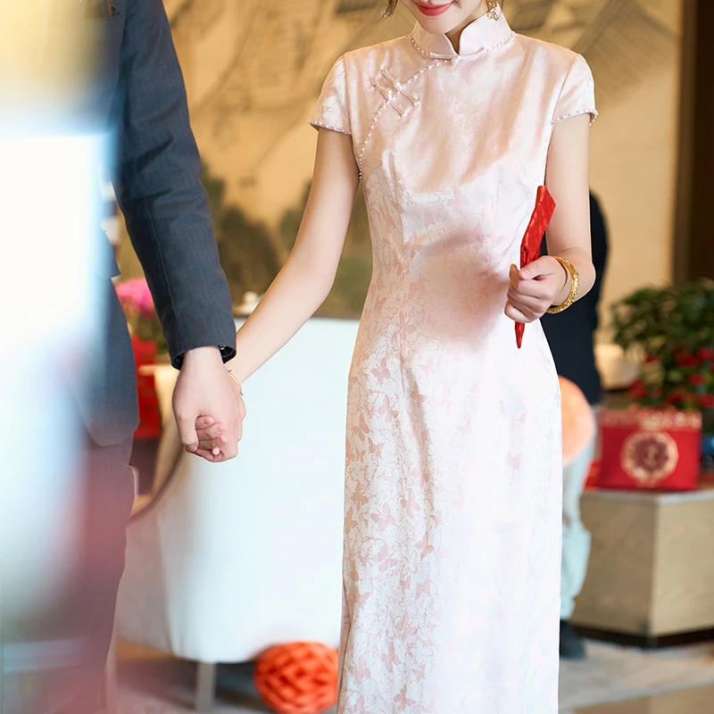 时光裁剪【温玉】新中式改良旗袍女订婚粉色2025夏季新款敬酒礼服