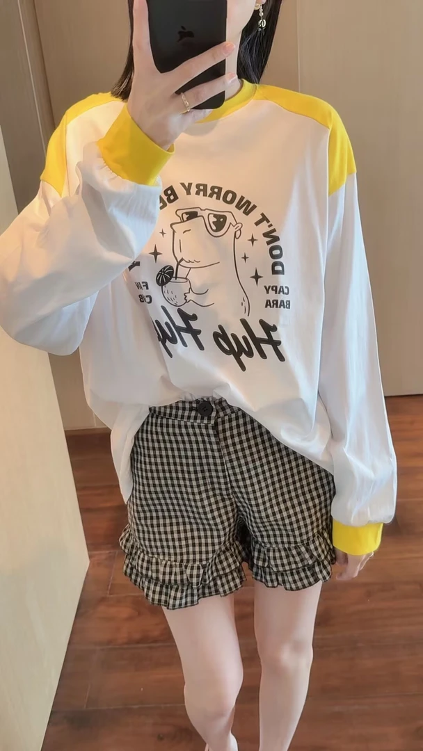 【张静芝】 夏季新品~卡通字母印花拼接撞色边洋气显瘦长袖T恤