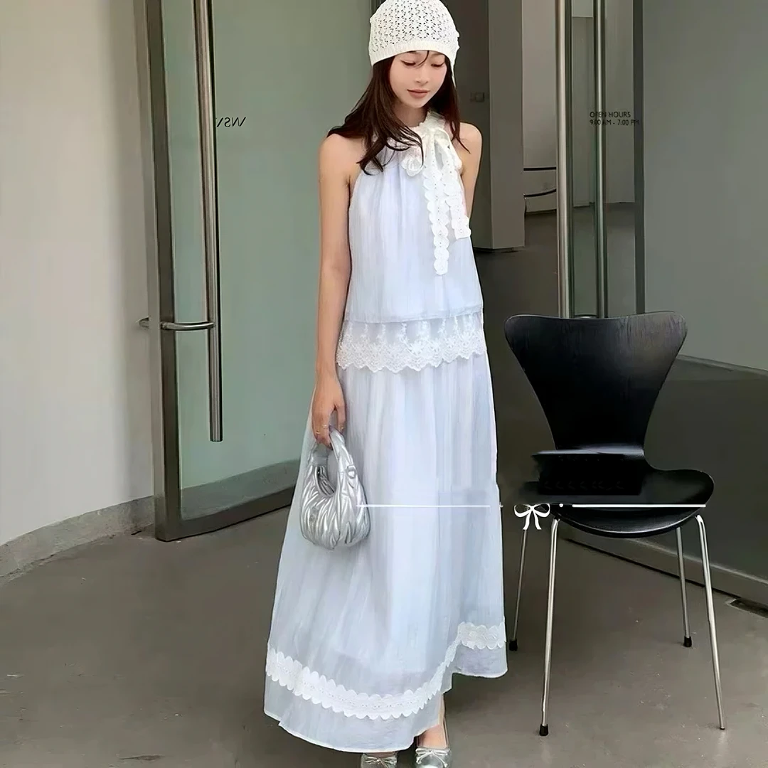 夏季挂脖长裙连衣裙简约蓝色吊带裙裙子显瘦夏季蕾丝百褶