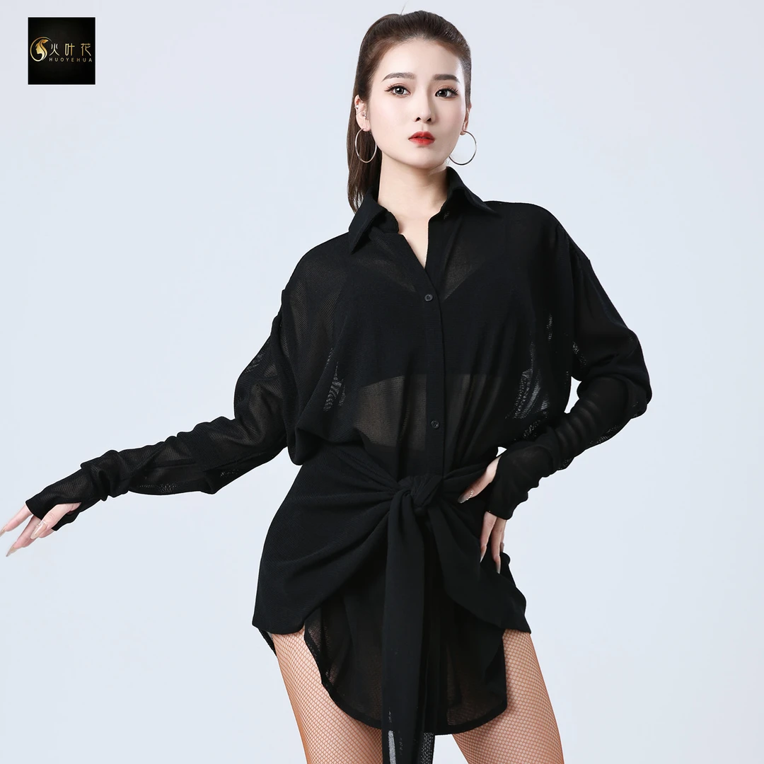 火叶花专业拉丁舞套装练功成人上衣女衬衫连衣裙舞蹈服装宽松罩衫