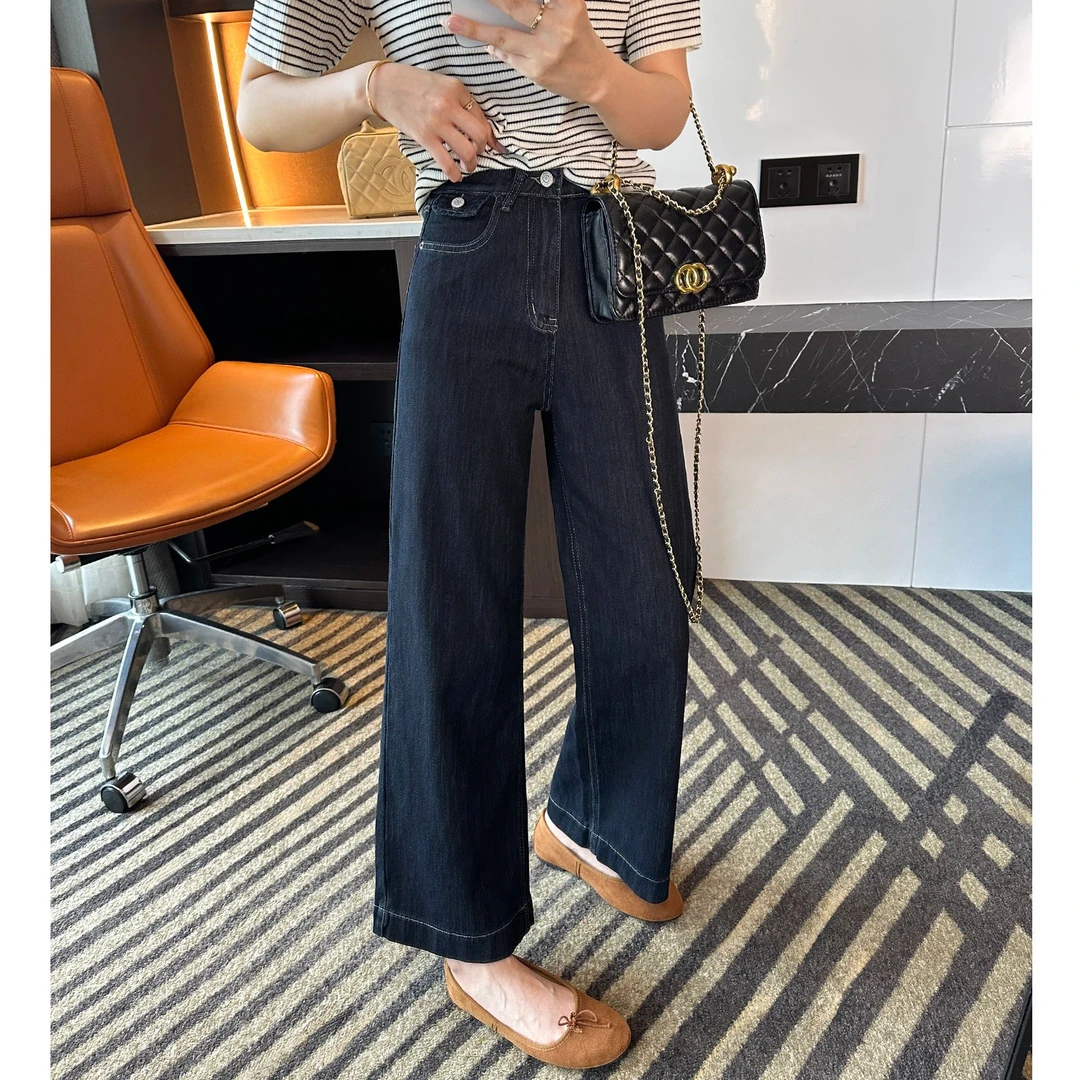 复古黑金色阔腿牛仔裤女2025秋季新款梨形身材遮胯显瘦直筒九分裤