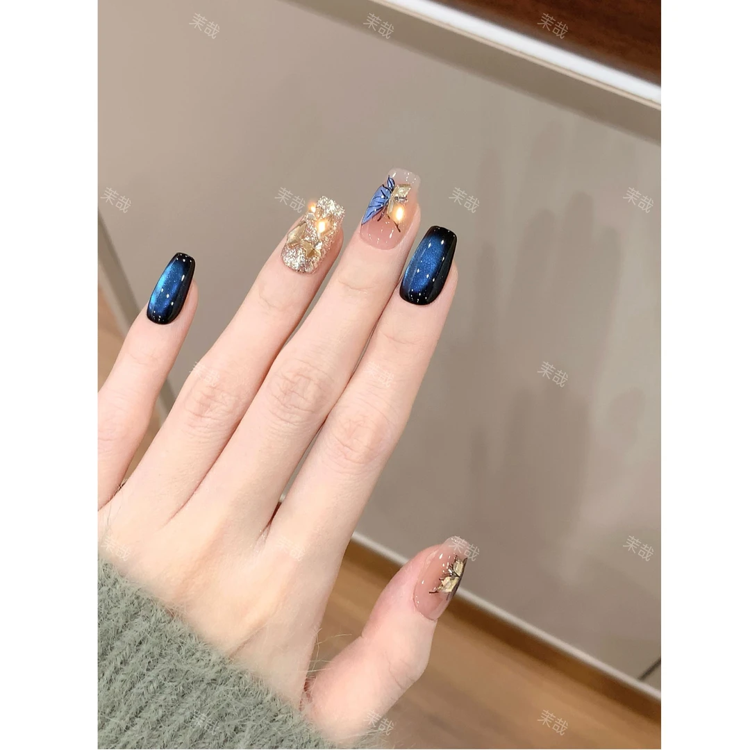 茉哉【蓝色妖姬】纯手工定制美甲拆卸穿戴甲A4651