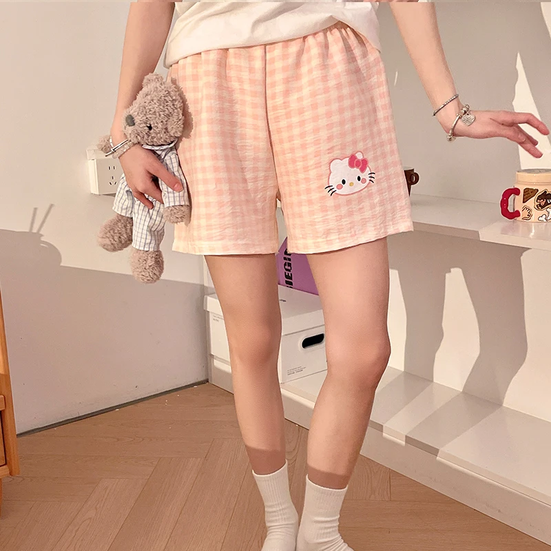 家居裤可外穿夏季短裤HelloKitty新款胖mm格子甜美大码舒适遛弯裤